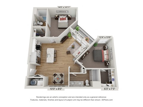 Floor plan for 2 beds, 2 baths, 1031 sqft